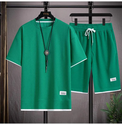Waffle Men's Summer Short Sleeve And Shorts Two Piece Sets Sports Casual Tracksuit Men Comfortable Cool Shorts Oversized Set