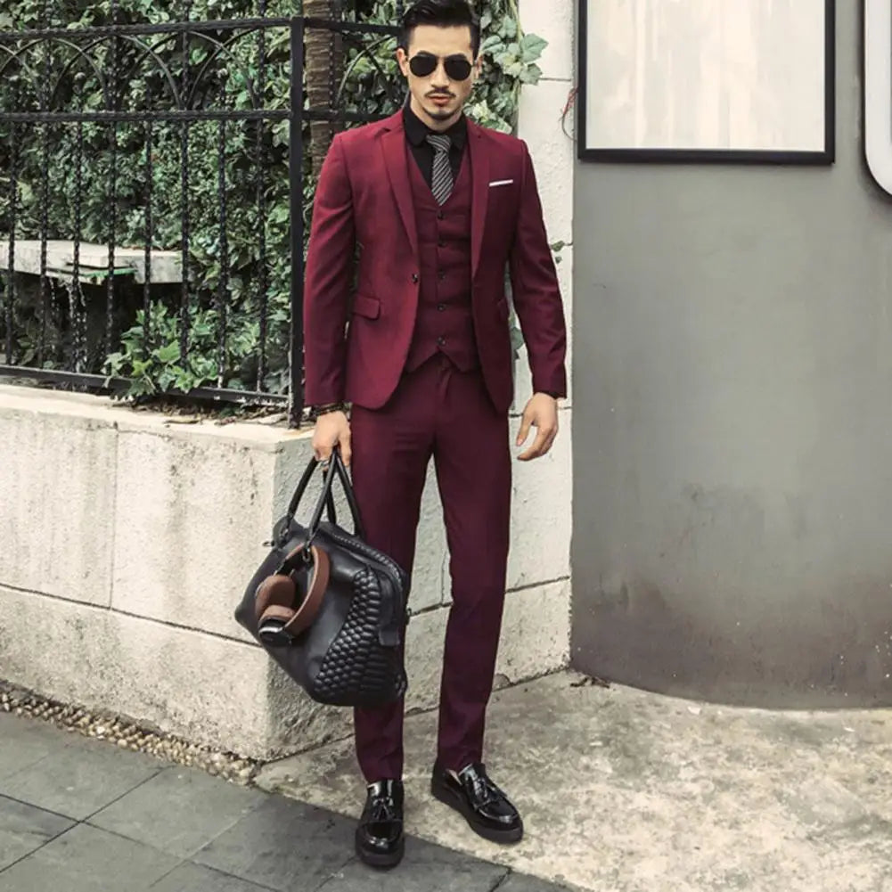 Men Three piece Suit Formal Business Suit Pants Set Solid Color Slim Fit Turn down Collar Anti wrinkle Groom Wedding Suit