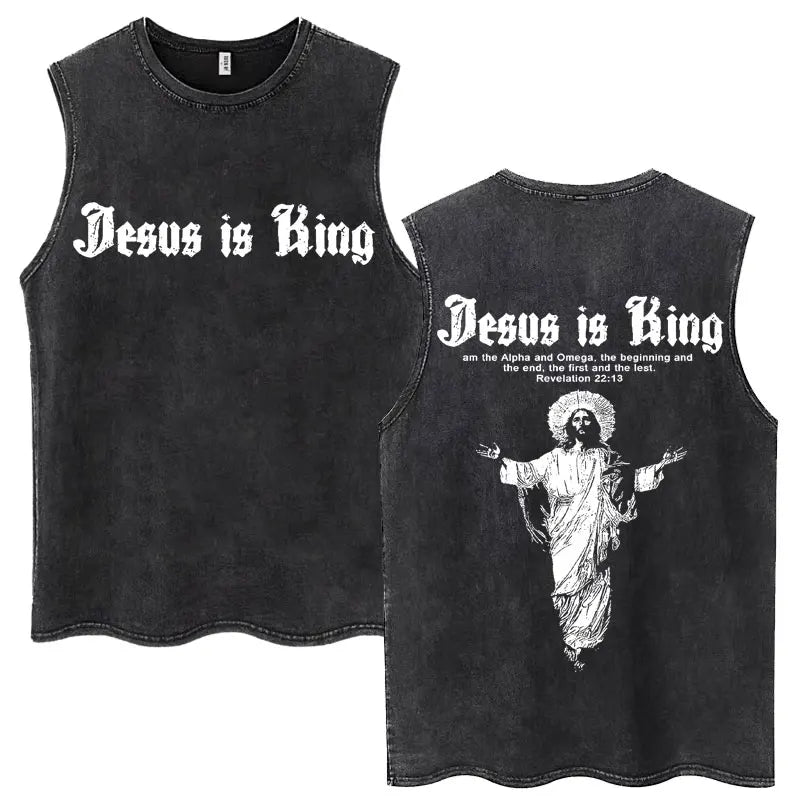 Washed Jesus Is King Christian Harajuku Vintage Tank Tops Men Women Gothic Sleeveless T-shirt Loose Summer Cotton Casual T Shirt