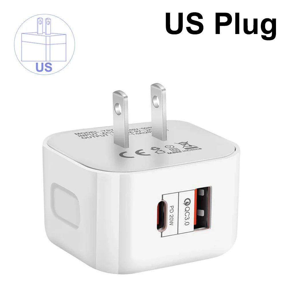 1Pcs 20W Dual Ports Wall Charger Type-C USB C PD Phone Fast Charger Super Quick Charging Power Adapters EU/US/UK Plug For iPhone