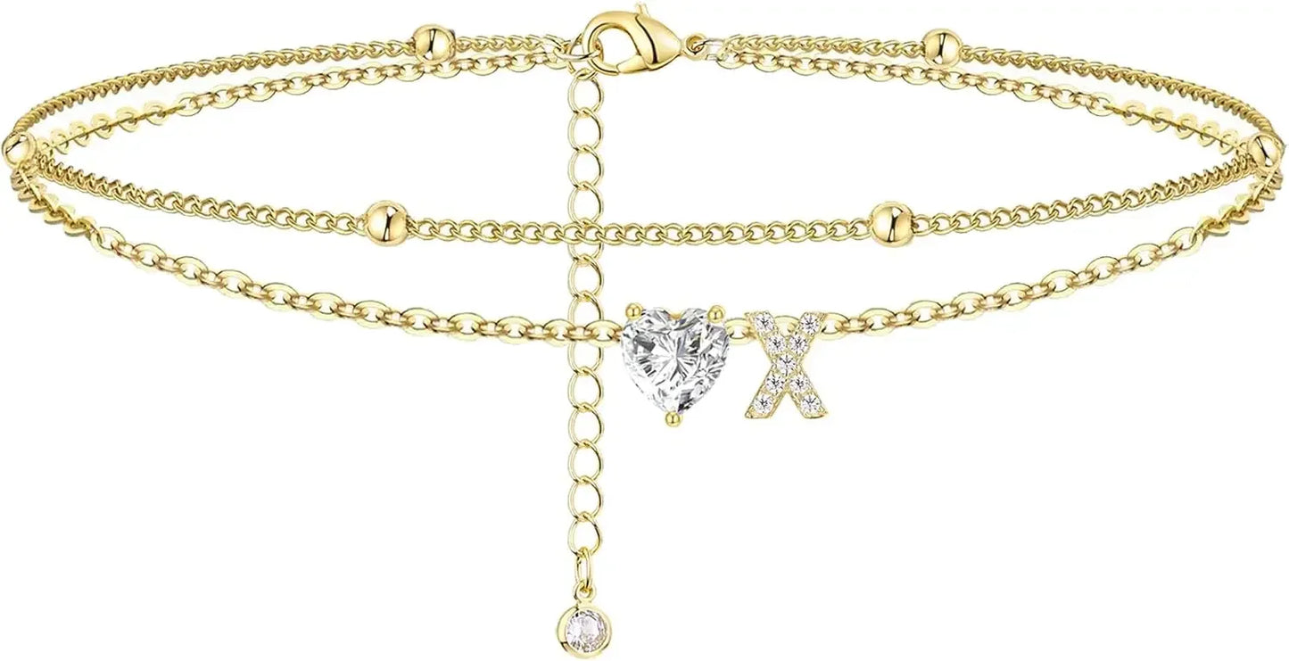 Waterproof cz Ankle Bracelets for Women  14K Gold Plated CZ Initial Dainty Layered Heart Anklets Foot Chain Summer Beach Jewelry