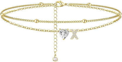 Waterproof cz Ankle Bracelets for Women  14K Gold Plated CZ Initial Dainty Layered Heart Anklets Foot Chain Summer Beach Jewelry