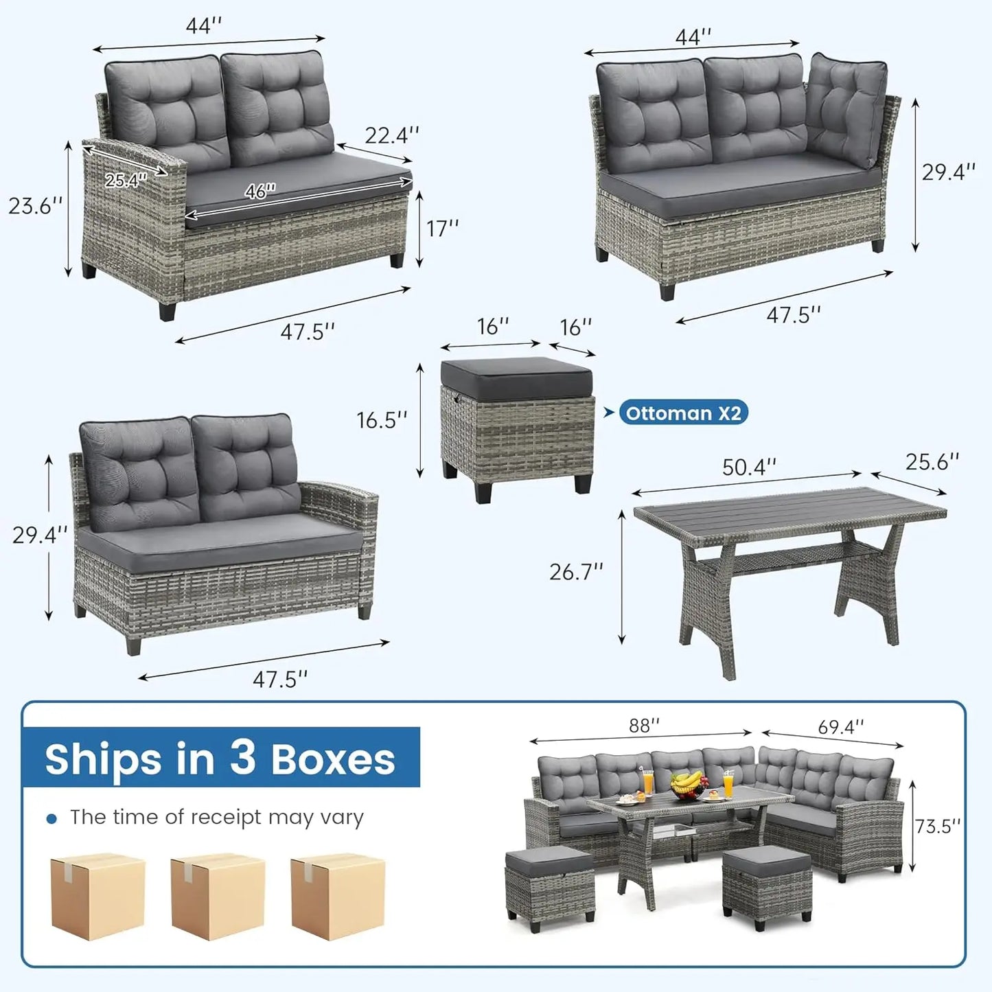 6-Piece Patio Sectional Sofa Dining Set All-Weather Removable Cushion Covers Garden Porch Backyard, Custom