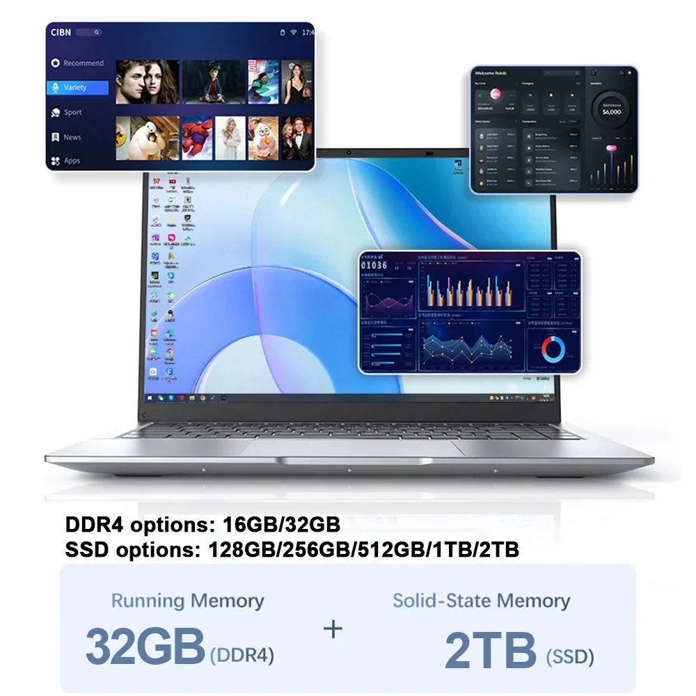14.1 Inch Business Ultra Portable Laptop 2026 Win11 DDR4 16GB/32GB RAM 2TB SSD Slim Office Notebook PC I9-9900 Intel 6500Y