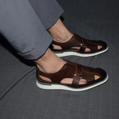 Classic Arabic Style Mens Sandals Genuine Cow Leather Slip-On Hollow Out Casual Business Party Dress Shoes for Men Flat Footwear