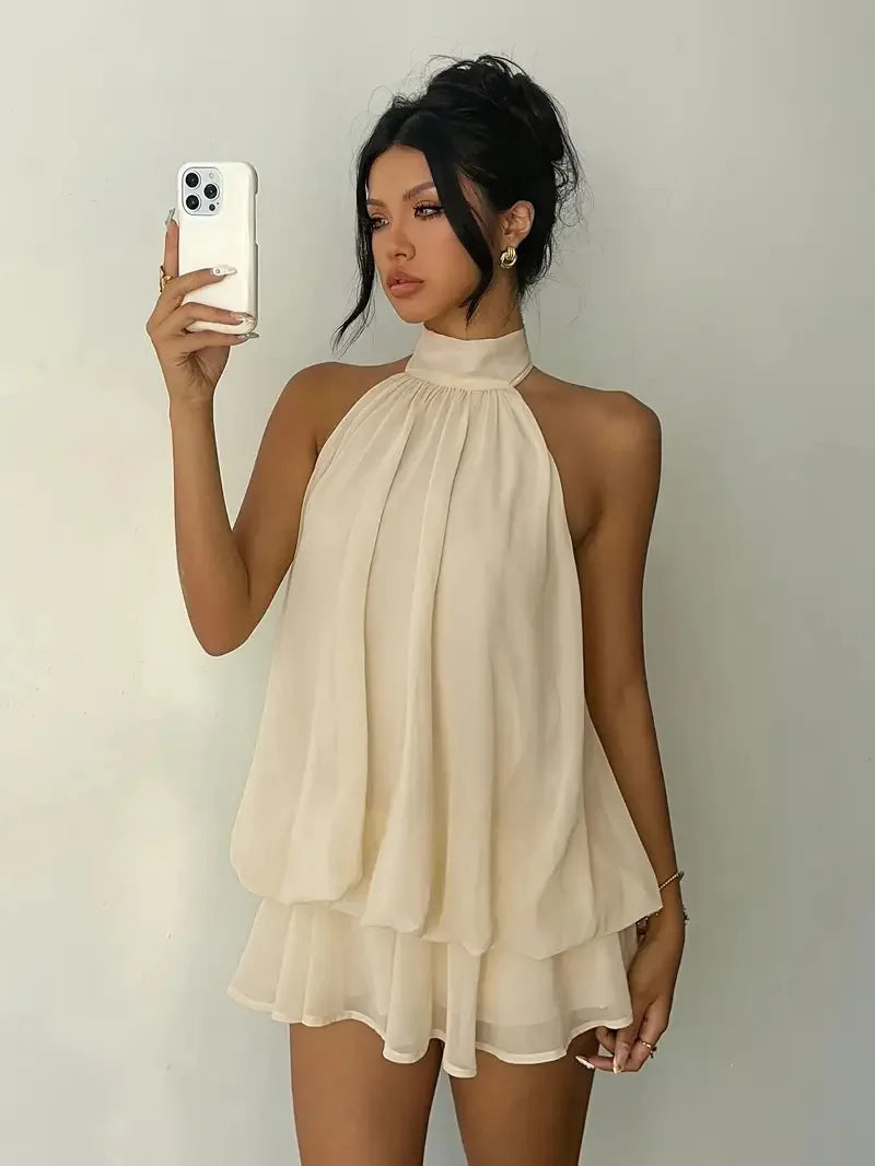 2026 Women's Elegant Halter Neck Sleeveless Ruffled Layered Chiffon Mini Dress Casual Summer Party Dress for Beach Vacation Y2K