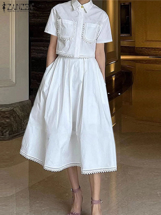 ZANZEA Womens Casual 2 Piece Sets Lace Trim Short Sleeve Crop Tops A-line Midi Skirts 2PCS Outfits Elegant Commute Skirt Sets
