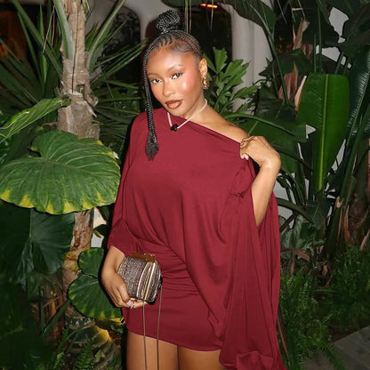 Hugcitar Solid Long Cloak Sleeve Sexy Loose Sexy Ruched Sexy Bodycon Mini Dress Fall Winter Women Fashion Outfit Party Festival