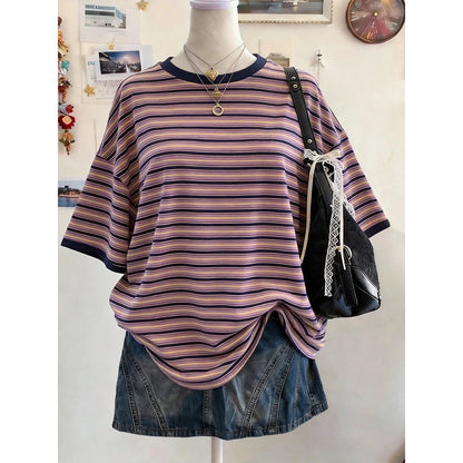 New Y2K Striped Digital Print Casual Oversized Mid-Length Round Neck Drop Shoulder Women Tshirt Street Fashion Casual Sports Top