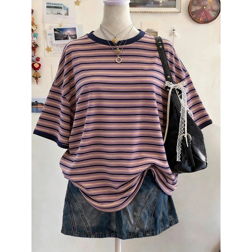 New Y2K Striped Digital Print Casual Oversized Mid-Length Round Neck Drop Shoulder Women Tshirt Street Fashion Casual Sports Top