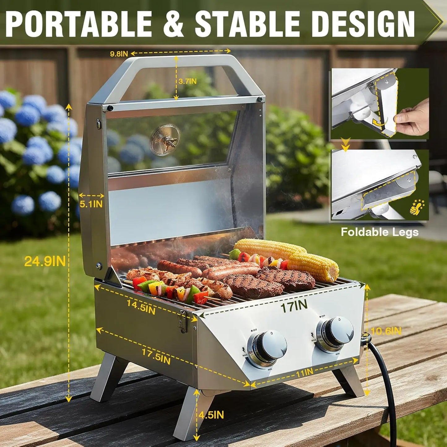 20000 BTU Porterhouse Tabletop Gas Grill 2 Burners Stainless Steel BBQ with Glass Lid Portable Outdoor, Customized