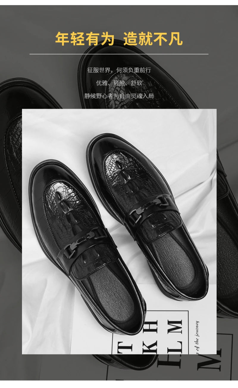 Mens Black Crocodile Embossed Leather Loafers With Metal Horsebit Buckle Thick Sole Formal Business Wedding Party Dress Shoes