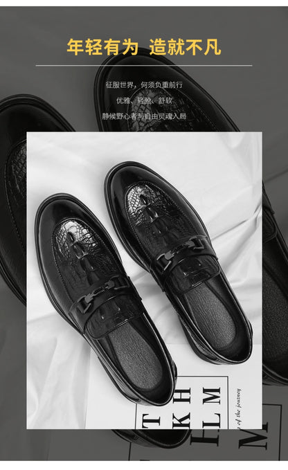 Mens Black Crocodile Embossed Leather Loafers With Metal Horsebit Buckle Thick Sole Formal Business Wedding Party Dress Shoes