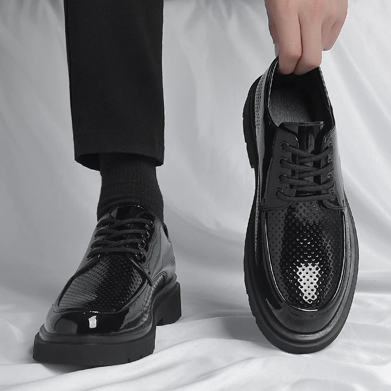 Mens Black Patent Leather Perforated Lace Up Chunky Platform Oxford Shoes Breathable Casual Business Formal Summer Dress Shoes