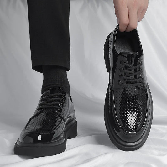 Mens Black Patent Leather Perforated Lace Up Chunky Platform Oxford Shoes Breathable Casual Business Formal Summer Dress Shoes