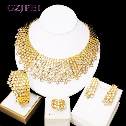 GZJPEI Shiny White Zircon Jewelry Set For Women Italy Nigeria Wedding Jewellery 18K Gold Plated Mother's Day Gift On Sale ﻿