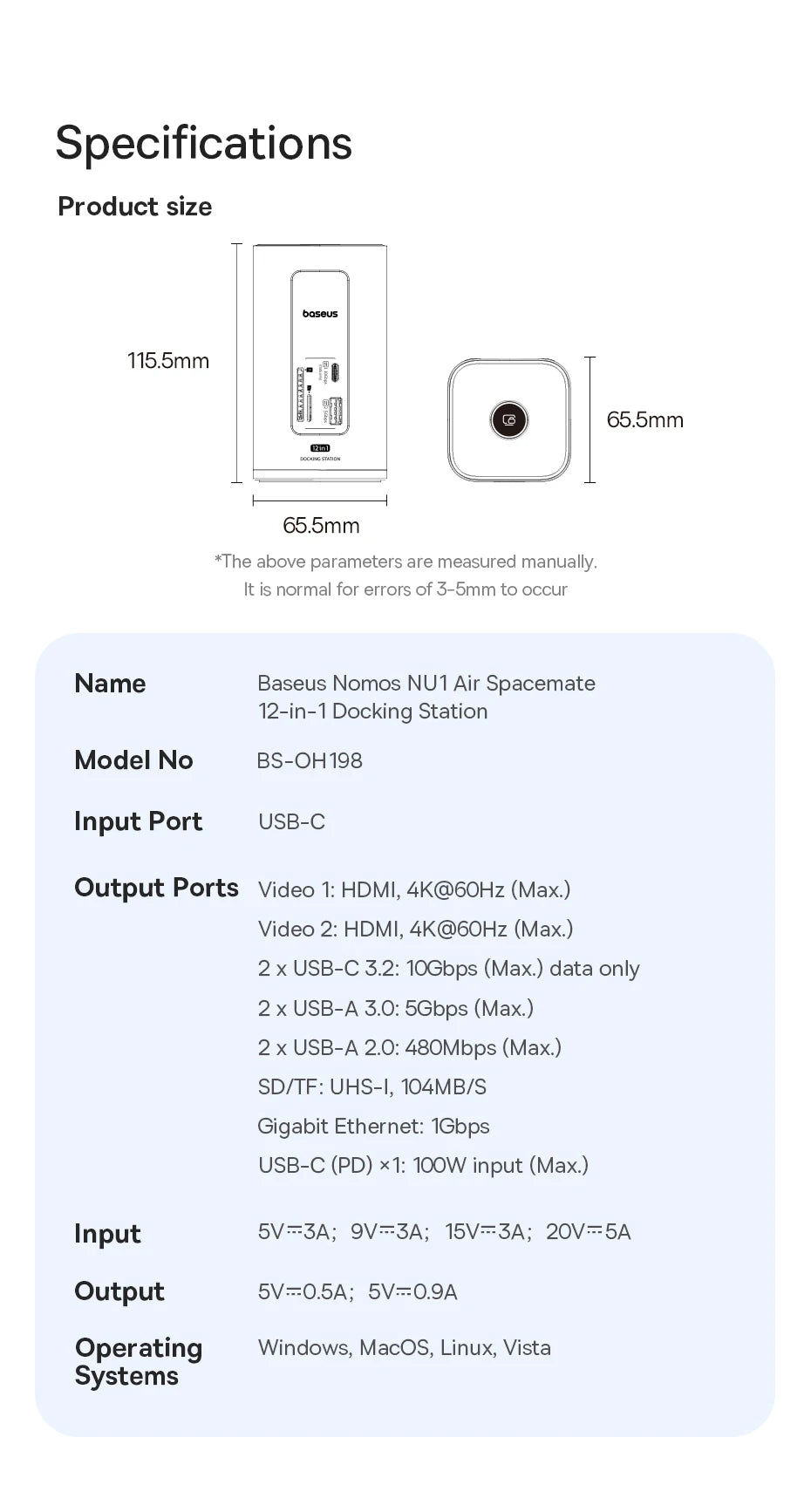 Baseus 12-in-1 USB C HUB to HDMI 4K@60Hz Dual Display USB 3.2 Adapter with RJ45 SD TF PD 100W Docking Station for Window Mac Hub