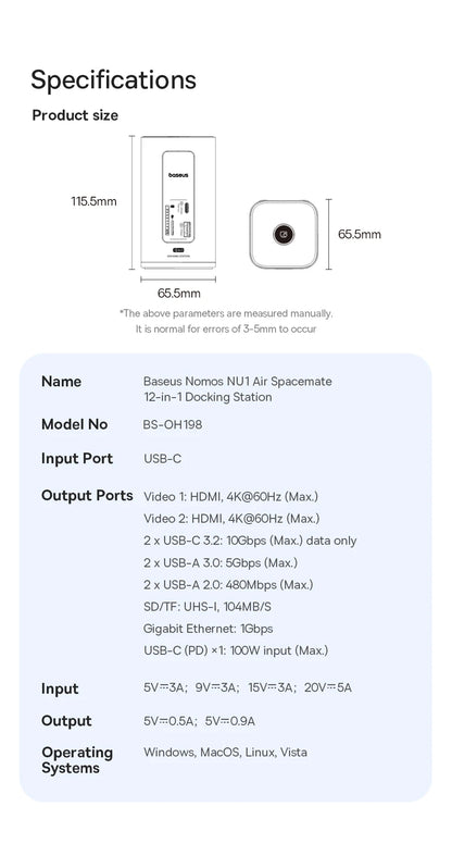 Baseus 12-in-1 USB C HUB to HDMI 4K@60Hz Dual Display USB 3.2 Adapter with RJ45 SD TF PD 100W Docking Station for Window Mac Hub