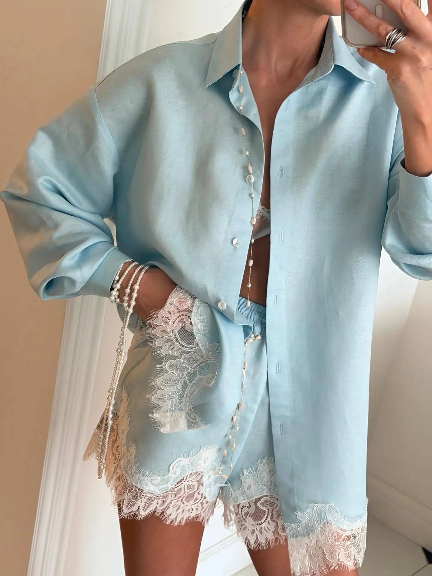 Women's Casual Long Sleeve Single Breasted Shirts 2026 Spring Lace Floral Hem Blouse Elegant Classical Stylish Shorts Outfits