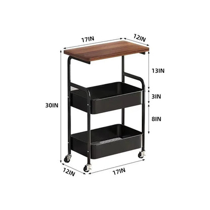 Three-Tier Metal Rolling Multi-Purpose Storage Cart with Walnut Wood Tabletop, Stable and Durable, with Two Lockable Wheels, Suitable for Kitchen, Bathroom, Snacks, Coffee, Crafts, Cosmetics and Baby Products
