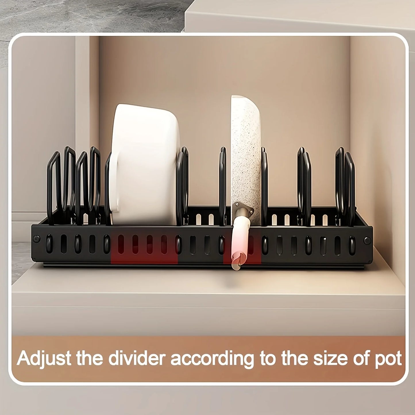 Pull-out Cookware Frying Pan Storage Rack with 8 Adjustable Dividers Pot Lid Holder Under Cabinet Kitchen Organizer