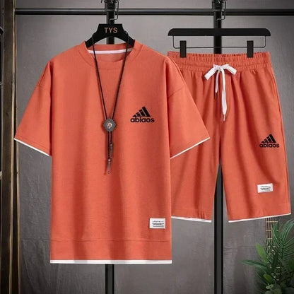 Men's casual short sleeved T-shirt and sports shorts, breathable comfortable running waffle set, summer fashion, 2026