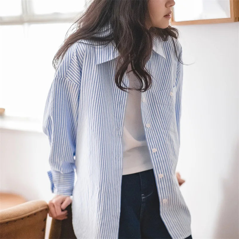 Maden Women's Blue White Striped Shirt and Shorts Sets Loose Casual French Classic Summer Suit Elegant Matching Two Piece Set
