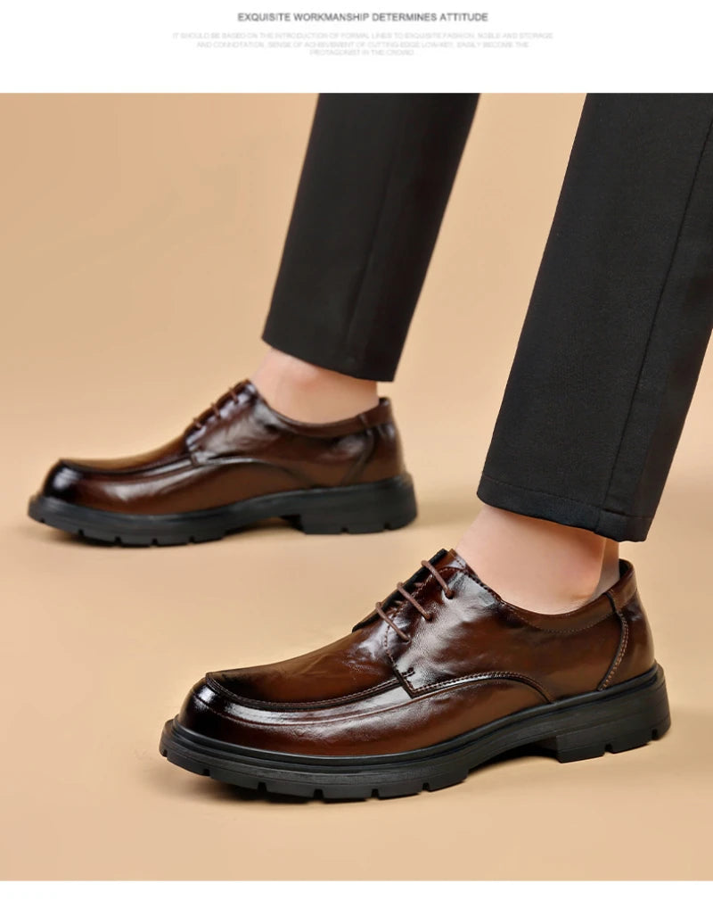 Mens Black Genuine Leather Wrinkled Lace Up Chunky Sole Formal Business Oxfords Casual Daily Wear Dress Shoes Stylish And Simple