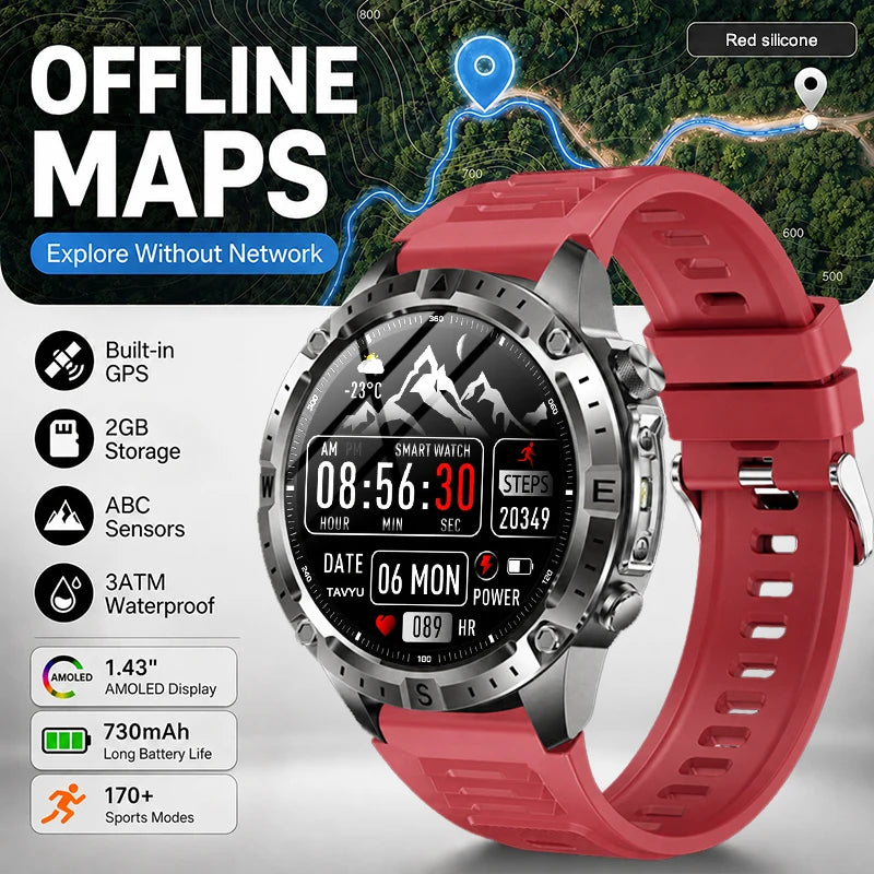 New Outdoor GPS Offline Map Smart Watch Men 3ATM Waterproof 170+ Sports LED Compass Altimeter AMOLED Bluetooth Call Smartwatch