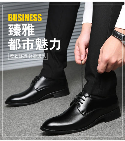 Mens Breathable Leather Dress Shoes Formal Business Footwear Pointed Toe Lace Up Flat Sole Groom Wedding Shoes Simple Leisure
