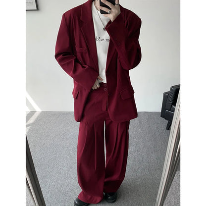 Casual suit set Men Loose fitting 2 piece suit Shoulder pads Trend Streetwear Korean 2025 NEW suit jacker+suit pants