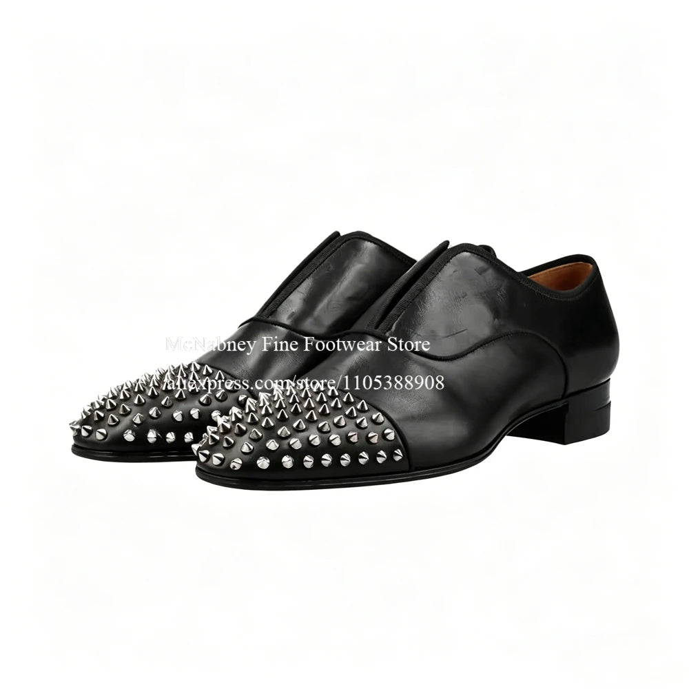 Spike Studs Leather Dress Shoes Lace up Black Alpha Male Gentleman Oxford Shoes Classic Formal Shoes Punk Rock Style Party Wear