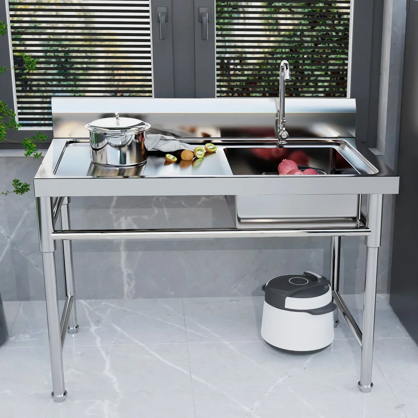 120x60cm Kitchen Sink with Left Platform Commercial Stainless Steel Sink with Faucet  Easy to Clean and Maintain