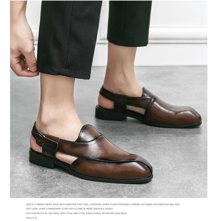 Hollow Out Dress Party Sandals Fashion Leather Summer Shoes Men Leisure Formal Flats Business Footwear Men's Wedding Sandals