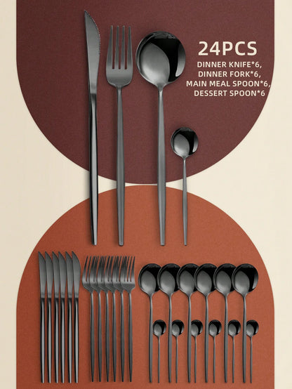 24pcs Stainless Steel Hotel Western Cutlery Set, Includes Knives, Forks, Spoons, And Tea Spoons,Kitchen,Christmas Gift