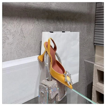 2025 European and American Women's New Silk Sunflower Crystal Diamond Buckle High Heels Horseshoe Heel Women's Sandals