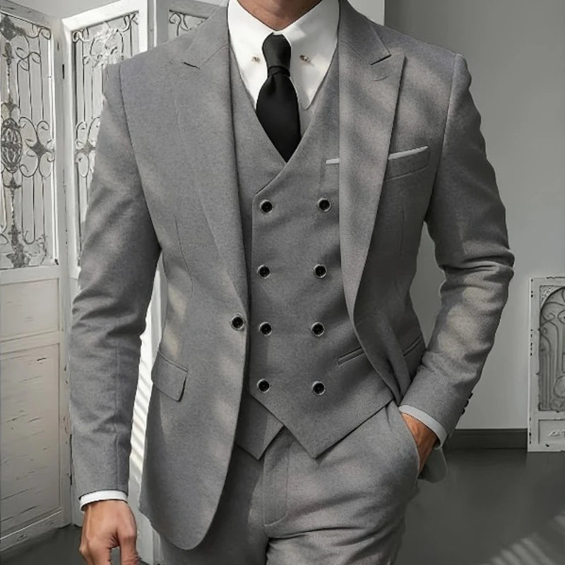 Men's Classic 3-Piece Suit Set - Slim Fit Notched Lapel Blazer with Vest & Pants, Versatile Formal Outfit for Business & Events