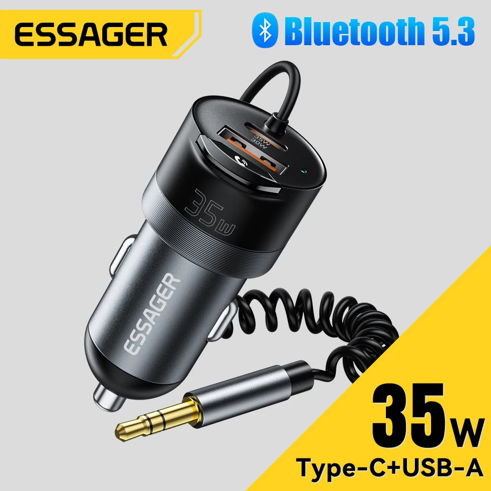 Essager Bluetooth 5.3 Car Charger 3.5mm Jack AUX Cable 35W Fast Charging for iPhone16 15 Huawei Samsung Bluetooth Car Chargers