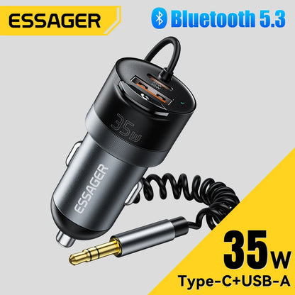Essager Bluetooth 5.3 Car Charger 3.5mm Jack AUX Cable 35W Fast Charging for iPhone16 15 Huawei Samsung Bluetooth Car Chargers