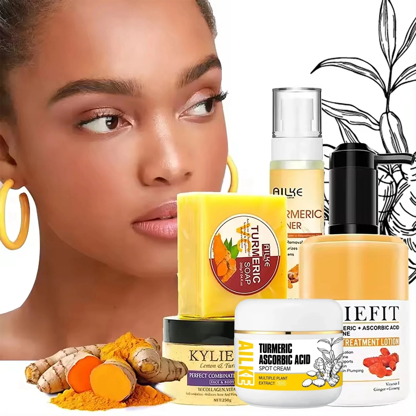 Organic Turmeric Skin Care Kit, Brighten, Clean, Remove Darkness, Spots, Acne, Lighten, Hydration, Exfoliate, Even Skin Tone
