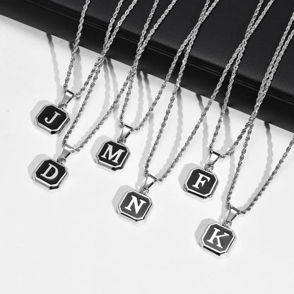 Initials Necklaces for Men Women,A-Z 26 Letters Black Square Stainless Steel Pendant Collar,45-60CM Twisted Rope Chain Gifts