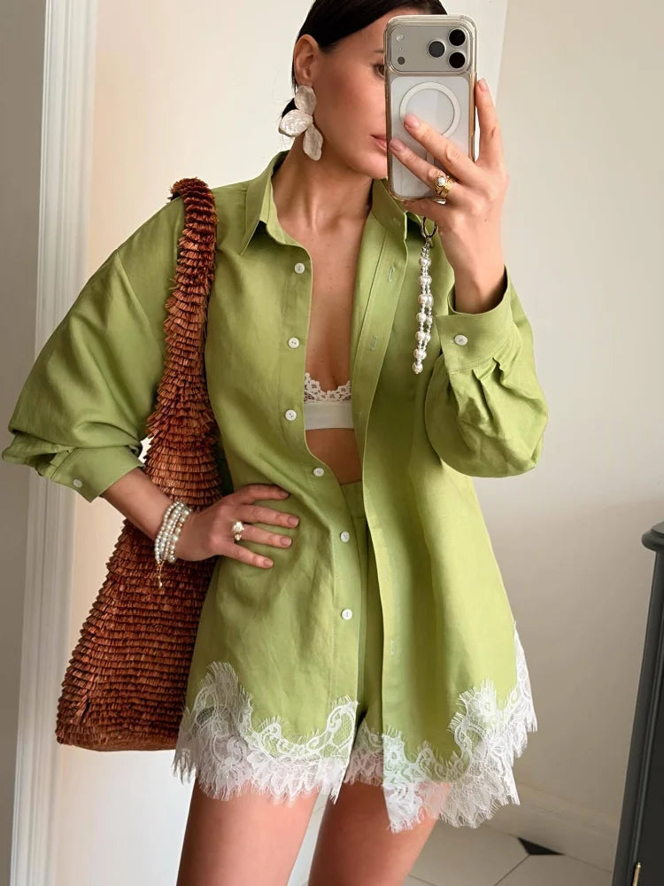 Women's Casual Long Sleeve Single Breasted Shirts 2026 Spring Lace Floral Hem Blouse Elegant Classical Stylish Shorts Outfits