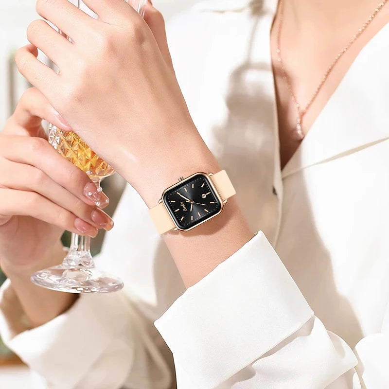 Sunkta Fashion Elegant Woman Watch Square Luxury Retro Silicone Belt Auto Date Casual Waterproof Luminous Quartz Watches for Men