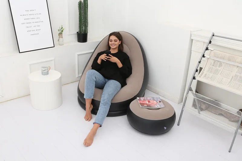 OTAUTAU Inflatable Lounger with Footstool Ottoman Chaise Lounge Recliner Outdoor Portable Camping Couch Garden Chair Pouf SF029