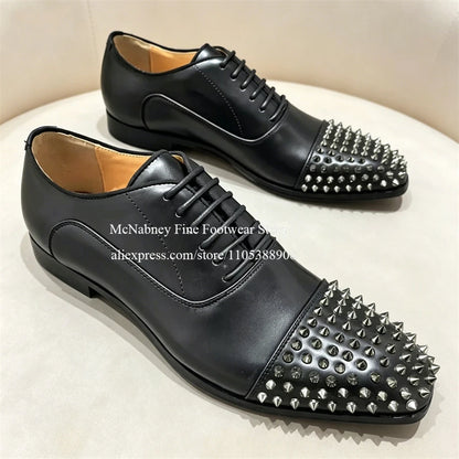 Spike Studs Leather Dress Shoes Lace up Black Alpha Male Gentleman Oxford Shoes Classic Formal Shoes Punk Rock Style Party Wear