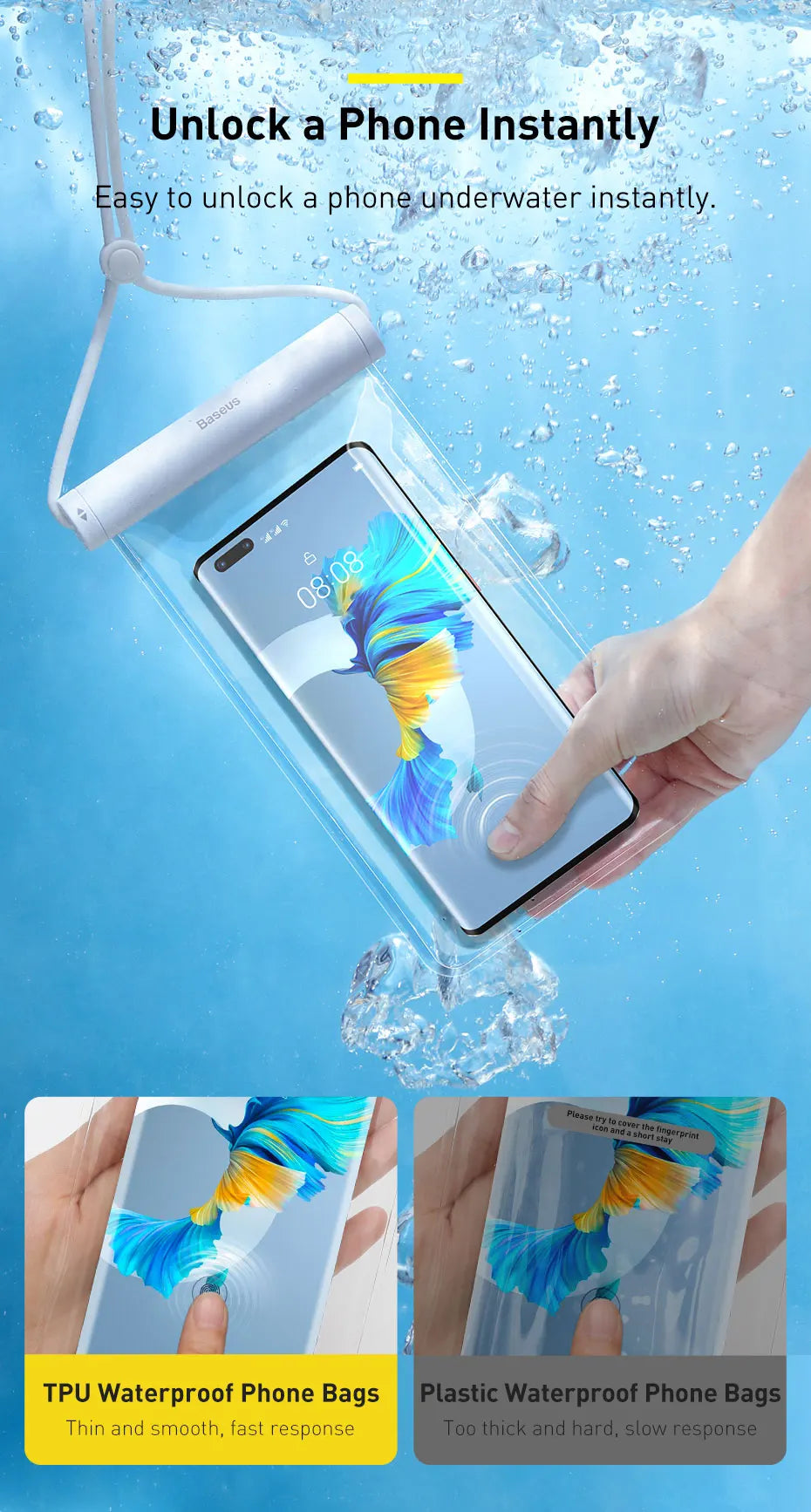 Baseus Waterproof Phone Case Under 7.2 inches For iPhone 12 Pro Max Swim Case IPX8 Universal Cover For Huawei Xiaomi Samsung