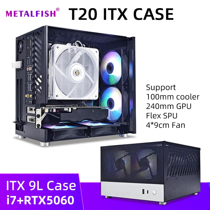 METALFISH T20 Mini ITX White Case 9L Compact PC Chassis Support Flex PSU/240mm GPU/100mm Cooler/180 Liquid Cooler