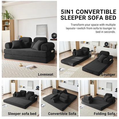 78.8in Convertible Corduroy Sleeper Sofa Bed High Backrest 5-in-1 Side Pocket Living Room No Assembly Removable Washable, Custom