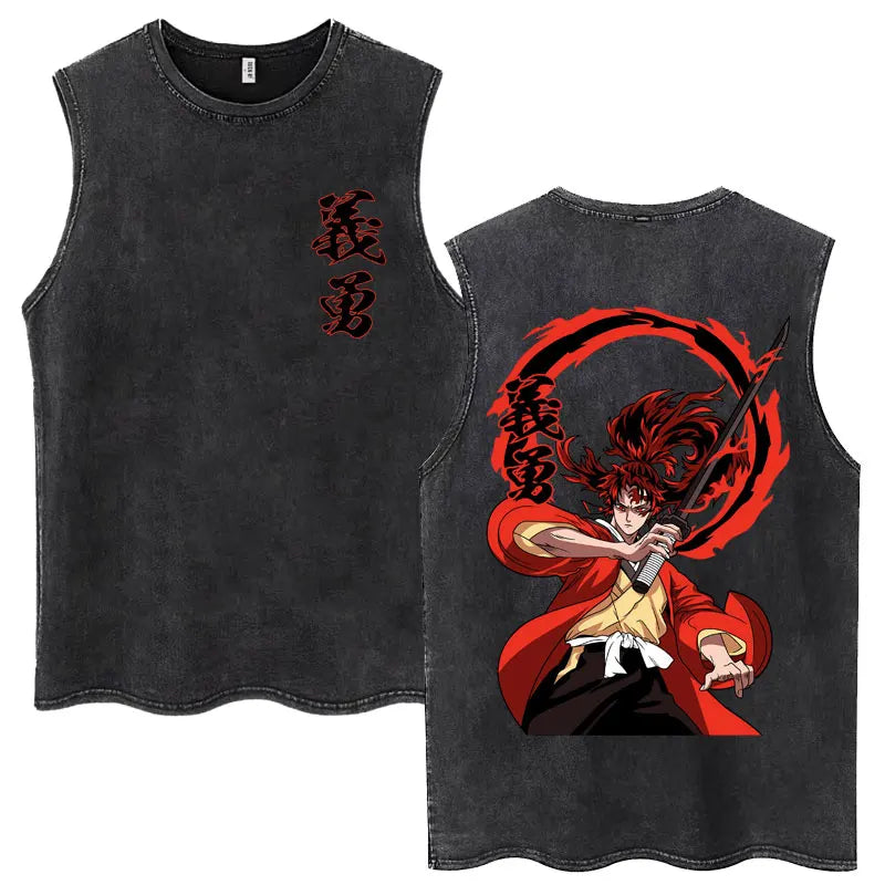 Washed Anime Demon Slayer Hashibira Inosuke Mask Face Tank Tops Men Women Vintage Fashion Cotton Sleeveless T Shirts Streetwear