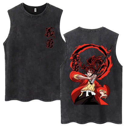 Washed Anime Demon Slayer Hashibira Inosuke Mask Face Tank Tops Men Women Vintage Fashion Cotton Sleeveless T Shirts Streetwear